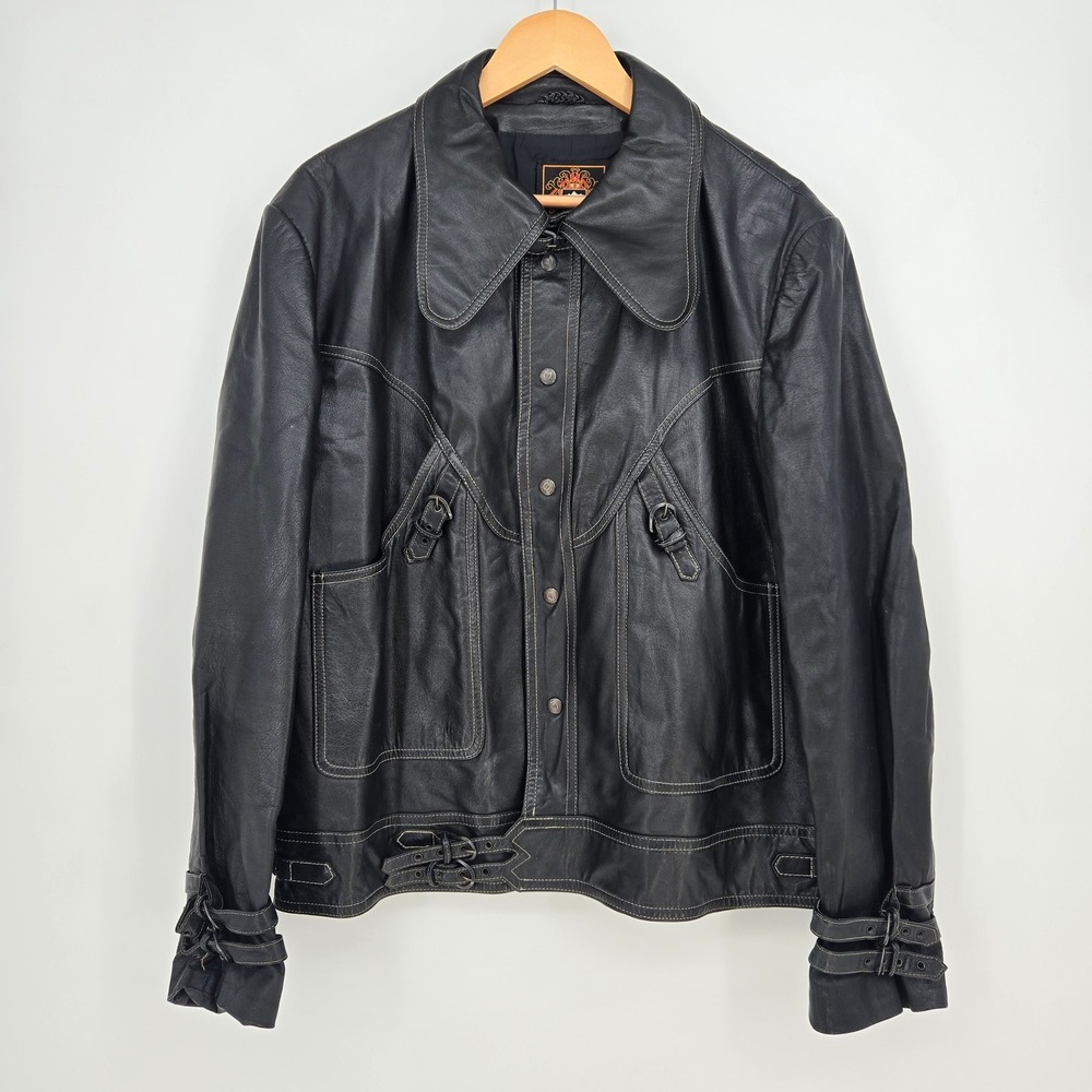 Vtg 90s Real Leather Jacket Mens 46 Black Moto Biker Western Buckles Cool Fall